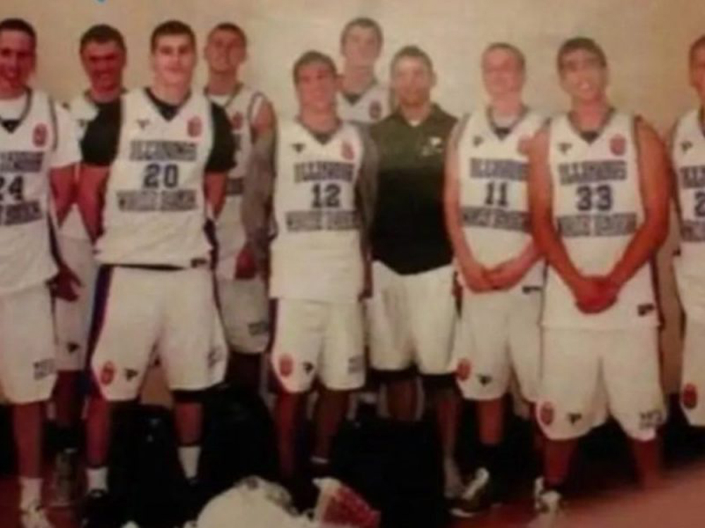 Charlie Kirk, second from left, played on a basketball team known as the Illinois White Eagles in Chicago. He said the name on his jersey was Sheva Krekovic. (Photo courtesy of Serbian Times)