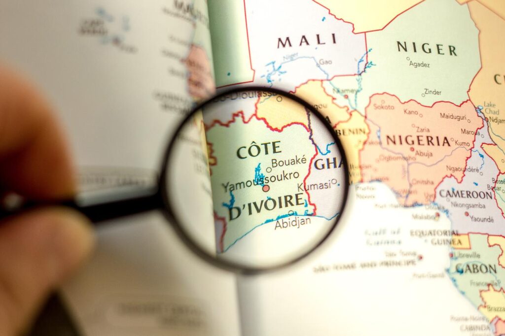 Ivory Coast, also known as Côte dIvoire on the map of the world, taken in Ivanovsk, Russia, on November 24, 2018. (Adobe Stock Photo)