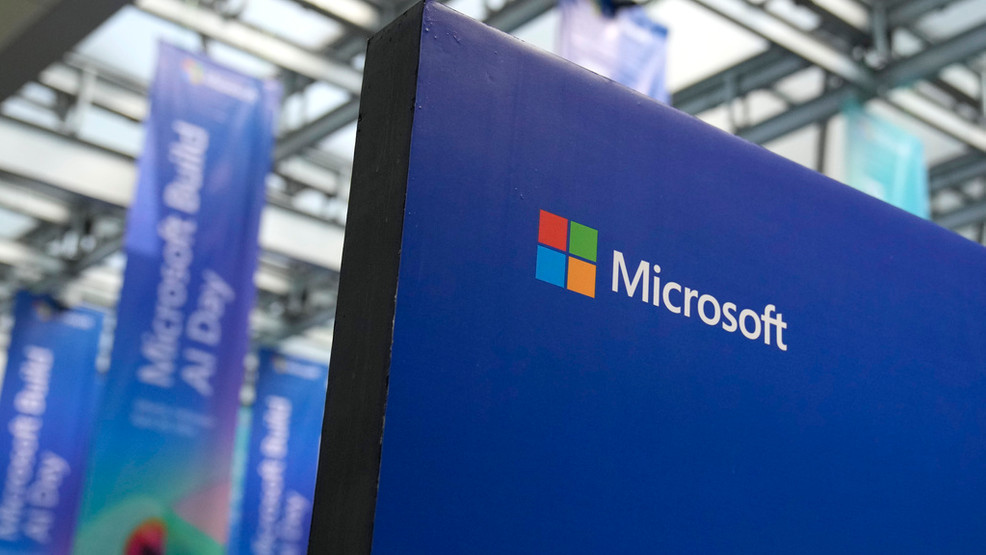 A logo of Microsoft is displayed during an event titled "Microsoft Build: AI Day" in Jakarta, Indonesia, Tuesday, April 30, 2024. (AP Photo/Dita Alangkara)