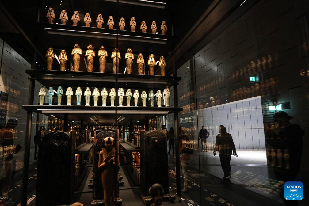 Artifacts are displayed at the Grand Egyptian Museum in the Greater Cairo, Egypt, Dec. 23, 2025. The Grand Egyptian Museum opened its doors to the public on Nov. 4, establishing itself as one of the world's largest displays of ancient relics, and a high-tech fort dedicated to heritage conservation. (Xinhua/Ahmed Gomaa)