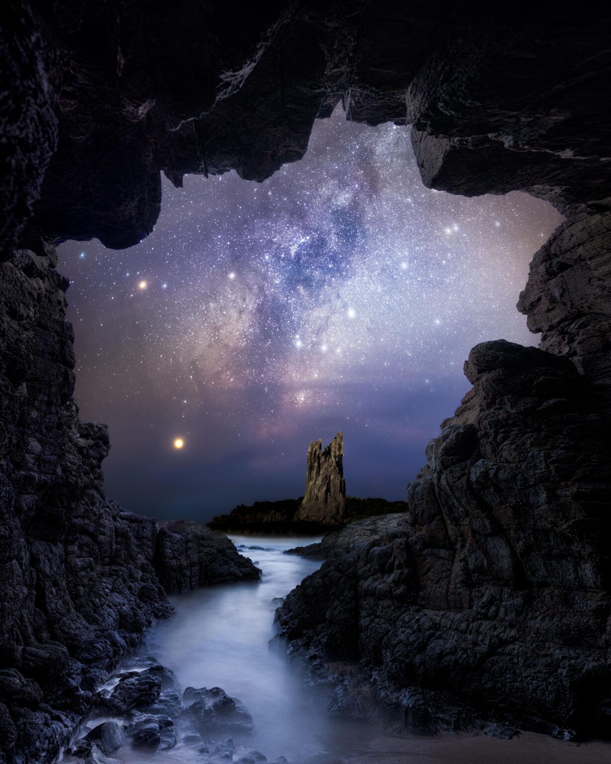 Milky Way and Jupiter from a cave on the coast of Australia