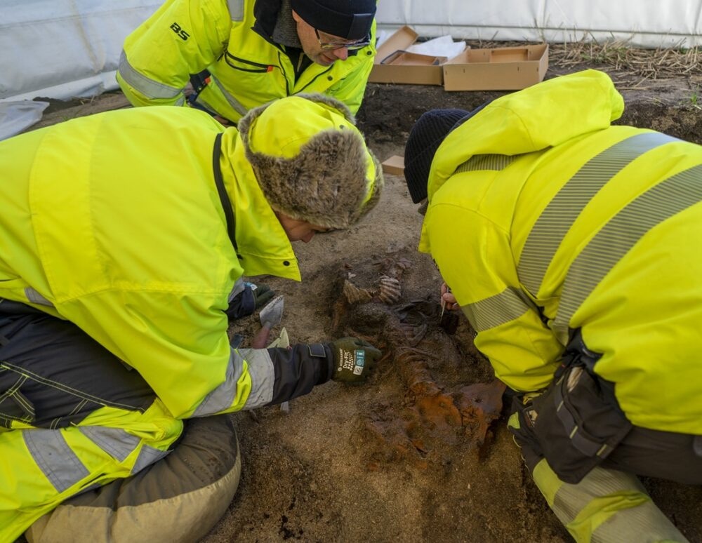 people in bright jackets work on digging up bones