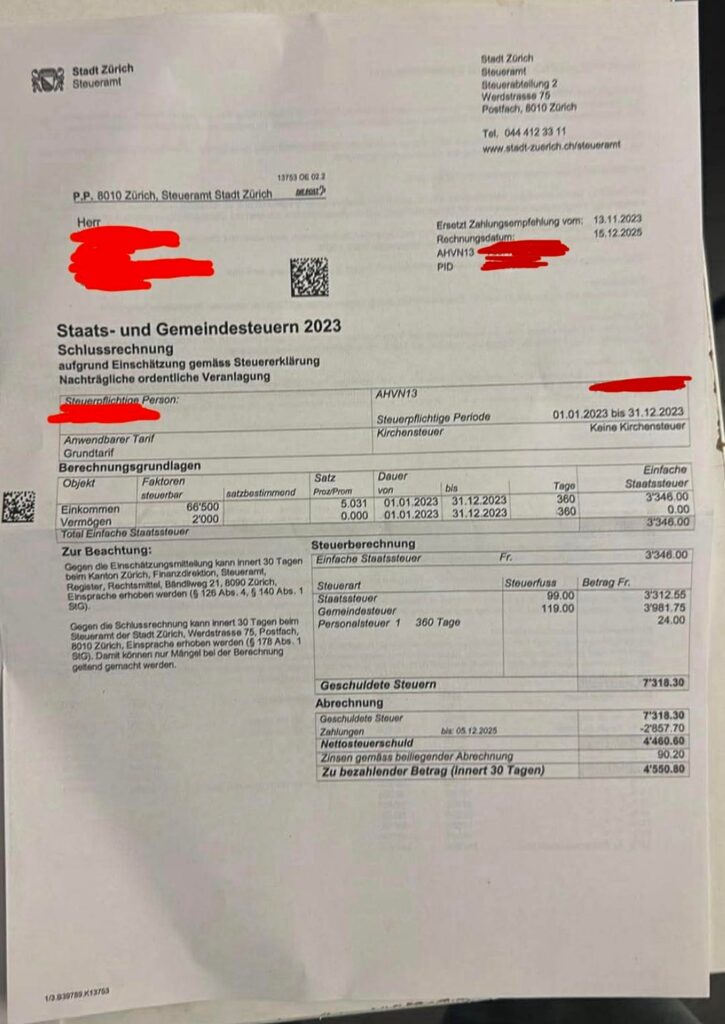 Received a Swiss tax bill for 2023 after leaving Switzerland – confused and need advice