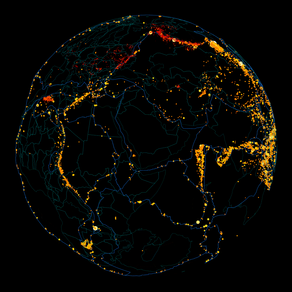 [OC] 3D Map with the depth and magnitude of earthquakes since July