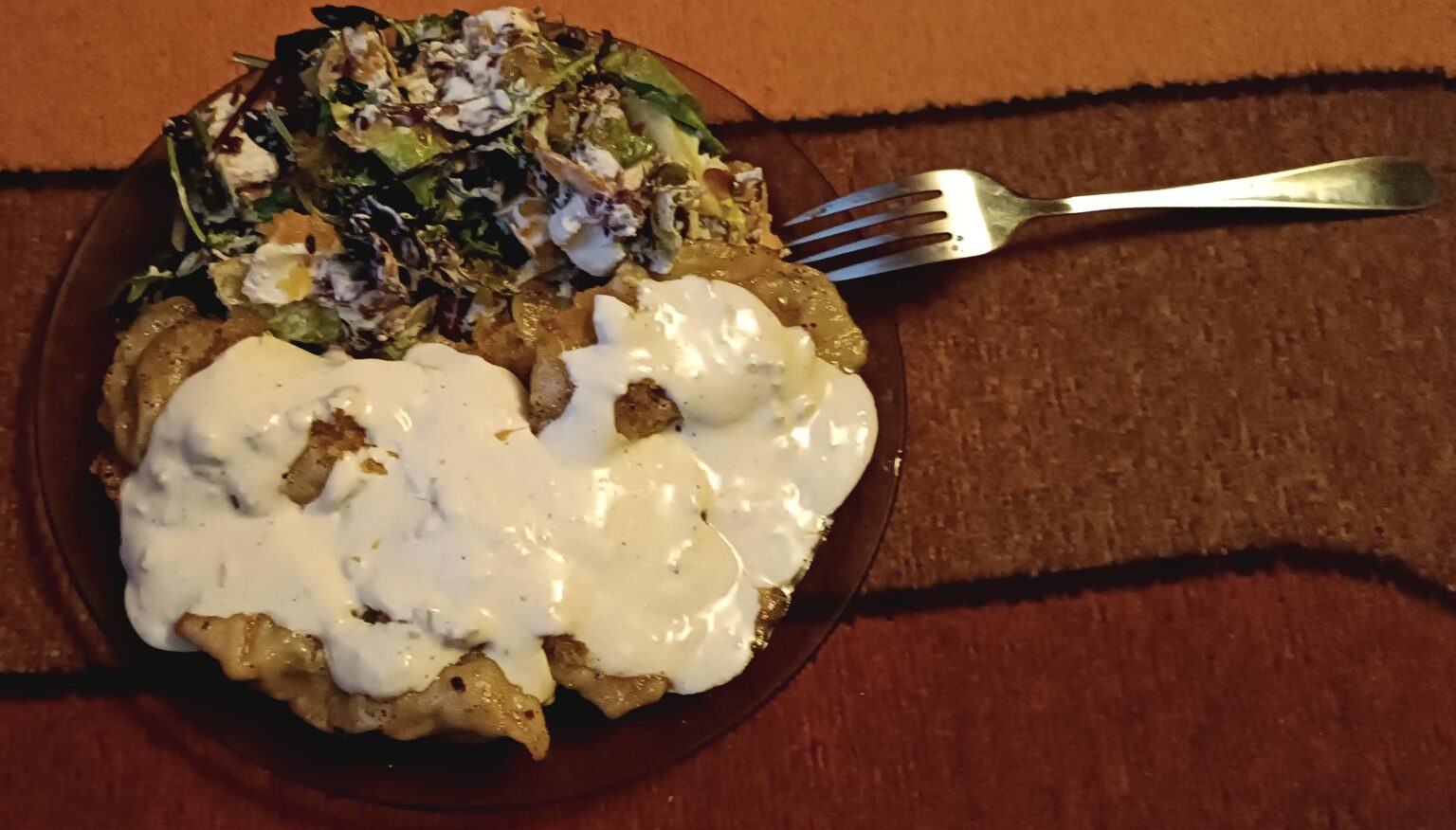 So what about the sauerkraut and mushroom pierogi with fried onions, garlic sauce and feta cheese salad with baked almonds and cranberries