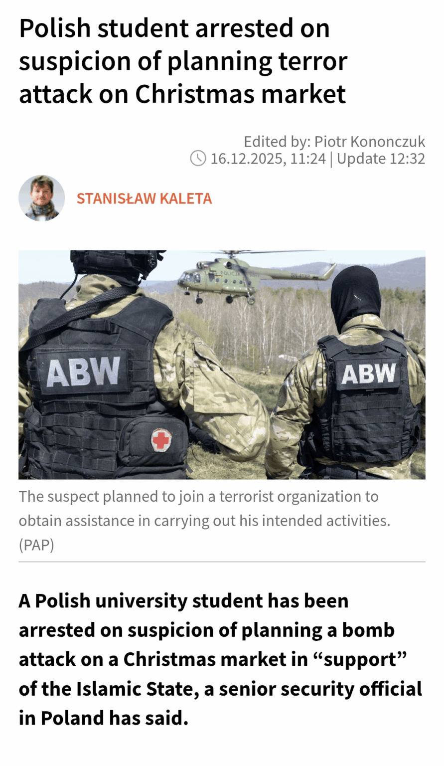 Polish student arrested on suspicion of planning terror attack on Christmas market!
