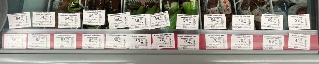 Yesterday and today's prices of ice creams in a chain supermarket