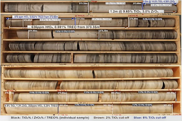 Diamond drill core SOR-02 photos showing individual sample assays and weighted average assay highlights. 