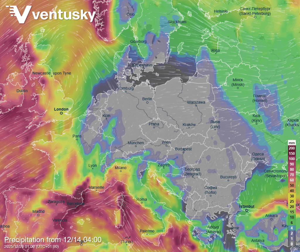 Precipitation expected in Poland until the end of December – equal to 0 (Ventusky.com)