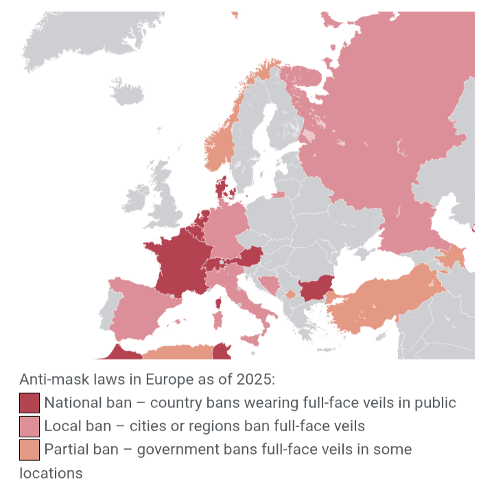 A map of places in Europe with various face covering laws.