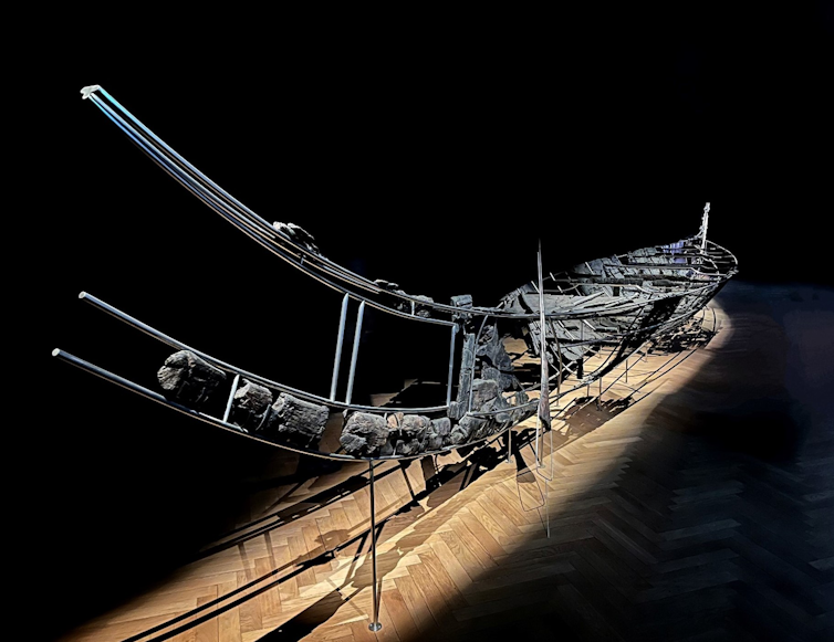 The Hjortspring boat on display at the National Museum of Denmark.