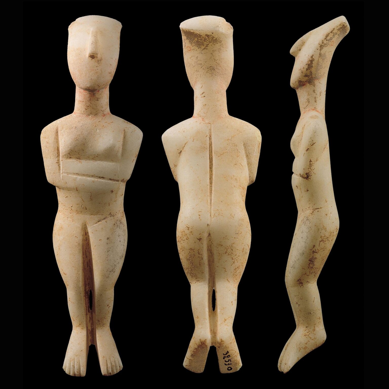 Cycladic marble female figurine, normal type - Spedou variant. attributed to the Fitzwilliam Museum sculptor (by Pat Getz-Gentle). Proto-Cycladic II period, 2600 – 2500 BC. Height: 21 cm. Benaki Museum of Greek Culture, Athens, Greece. (3000x3000)