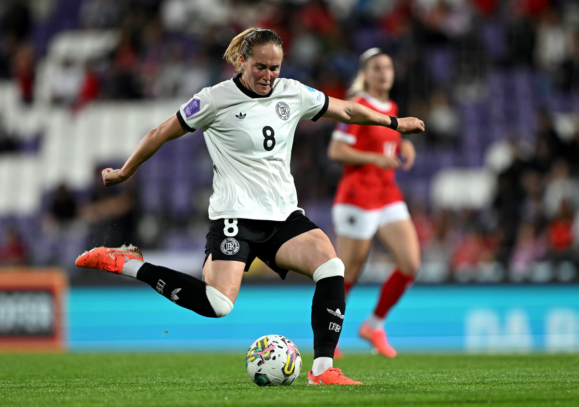 VIENNA, AUSTRIA - JUNE 03: Sydney Lohmann of Germany scores her team’s fifth goal during the UEFA Women’s Nations League 2024/25 Grp A1 MD6 match between Austria and Germany at on June 03, 2025 in Vienna, Austria. (Photo by Christian Bruna/Getty Images)