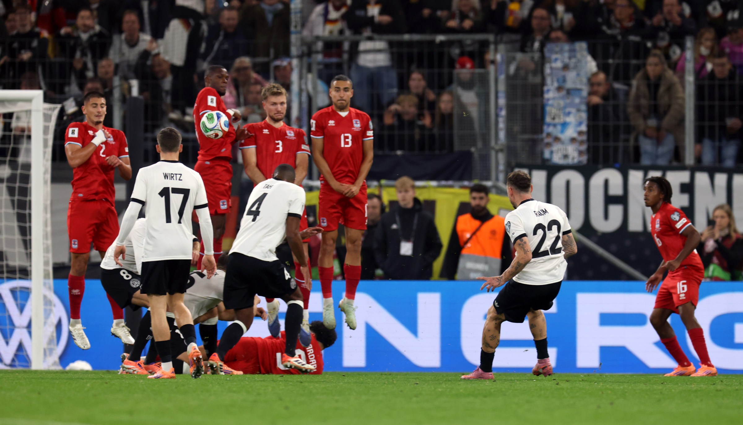 SINSHEIM, GERMANY - OCTOBER 10: David Raum of Germany scores his team’s first goal from a free kick during the FIFA World Cup 2026 Qualifier match between Germany and Luxembourg at PreZero-Arena on October 10, 2025 in Sinsheim, Germany. (Photo by Alexander Hassenstein/Getty Images)
