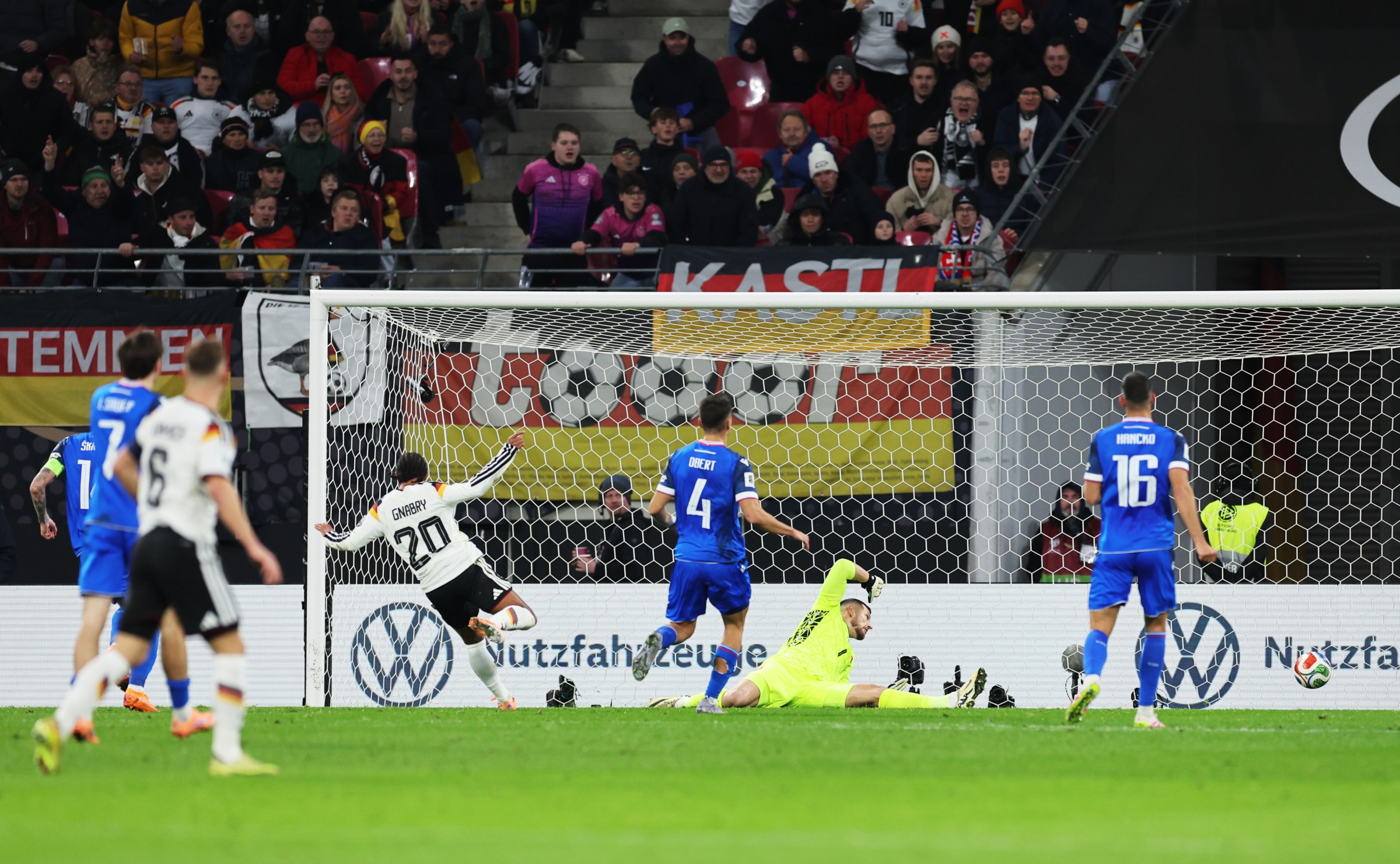 LEIPZIG, GERMANY - NOVEMBER 17: Serge Gnabry of Germany scores his team’s second goal during the FIFA World Cup 2026 qualifier match between Germany and Slovakia at Red Bull Arena on November 17, 2025 in Leipzig, Germany. (Photo by Boris Streubel - UEFA/UEFA via Getty Images)