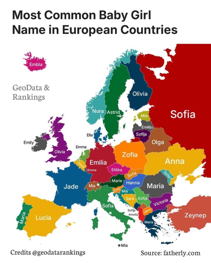 Most common popular baby girl name in European countries
