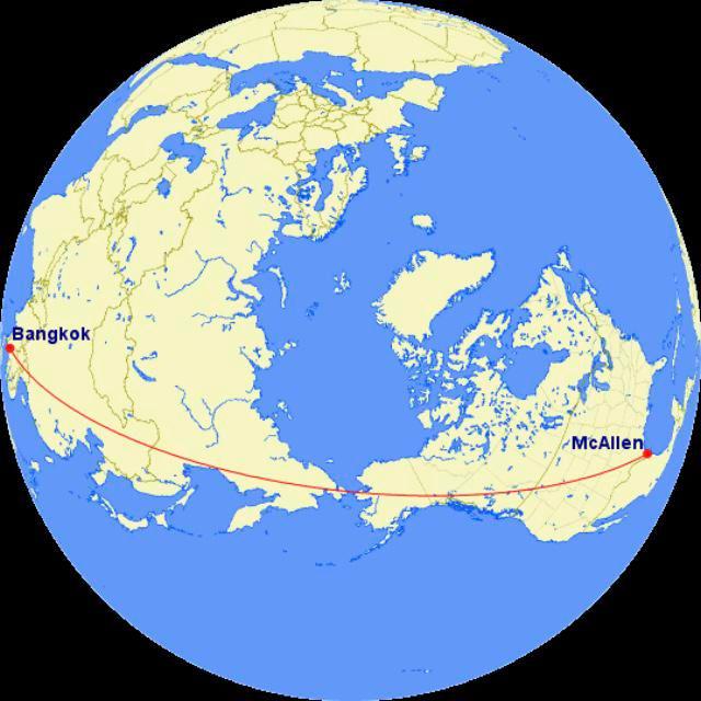 If you flew in a straight line from McAllen, Texas to Bangkok, Thailand, you would be over water for only 50 miles