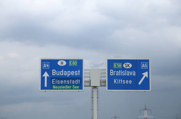 Highway road signs showing directions to Budapest, Bratislava, and nearby cities on European motorways.