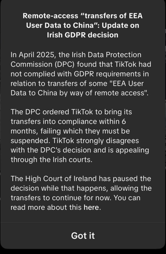 Access to tiktok may be suspended in the EU (which also includes Romania) following a GDPR complaint initiated by the Irish Data Protection Commission (DPC)