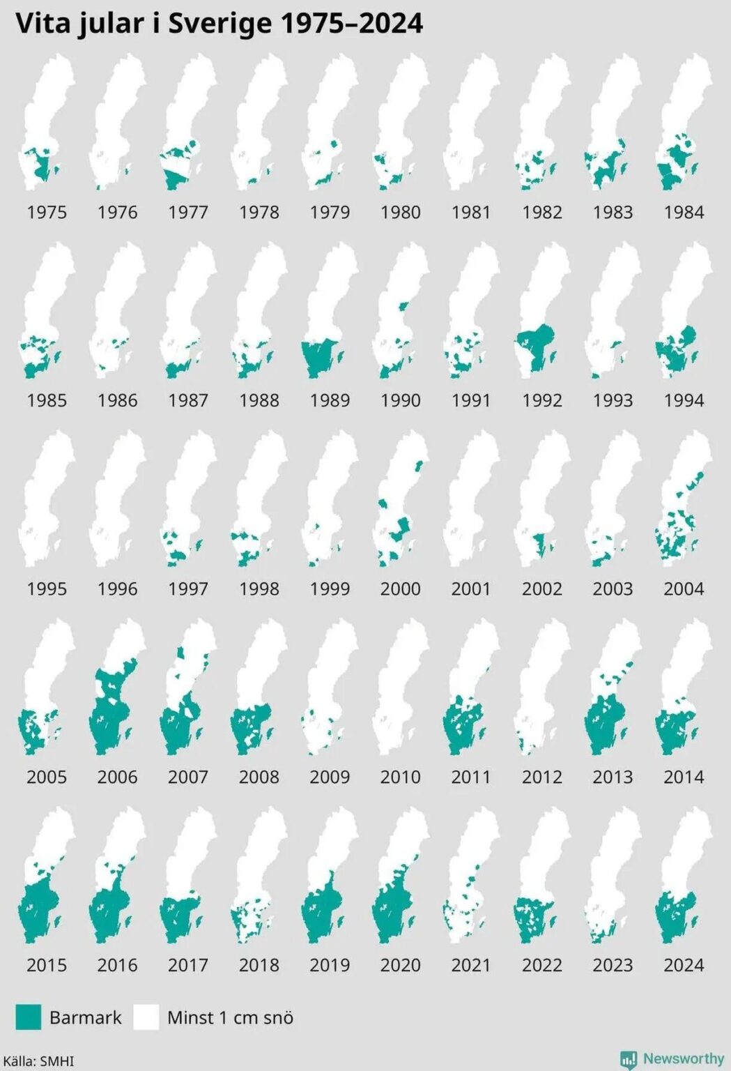 Areas of Sweden that had a White Christmas since 1975