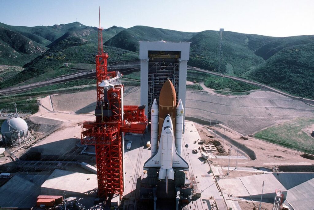 The Space Shuttle Enterprise at Vandenberg Air Force Base in California in 1985 during testing. After the Challenger tragedy in 1986, Space Shuttle launches from California were permanently canceled. The main purpose of launching from Vandenberg was to give the Space Shuttle access to polar orbits.