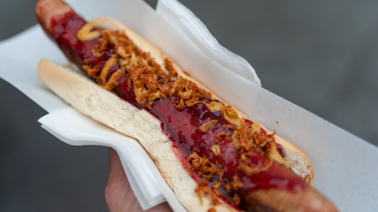 Hand holding up a large hot dog with red sauce and onions
