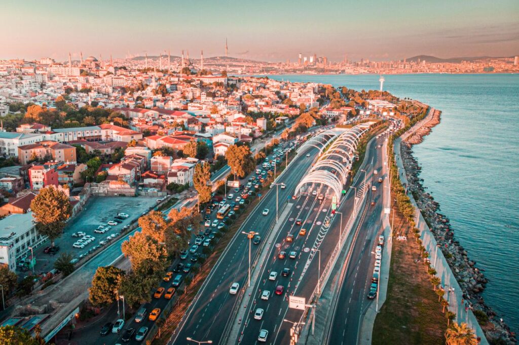 Istanbul’s Eurasia Tunnel adds $2.6B to Türkiye’s economy over 9 years Photo shows aerial view of entrance to Eurasia tunnel during a sunset in Istanbul Türkiye, accessed on Dec. 20, 205. (Adobe Stock Photo)