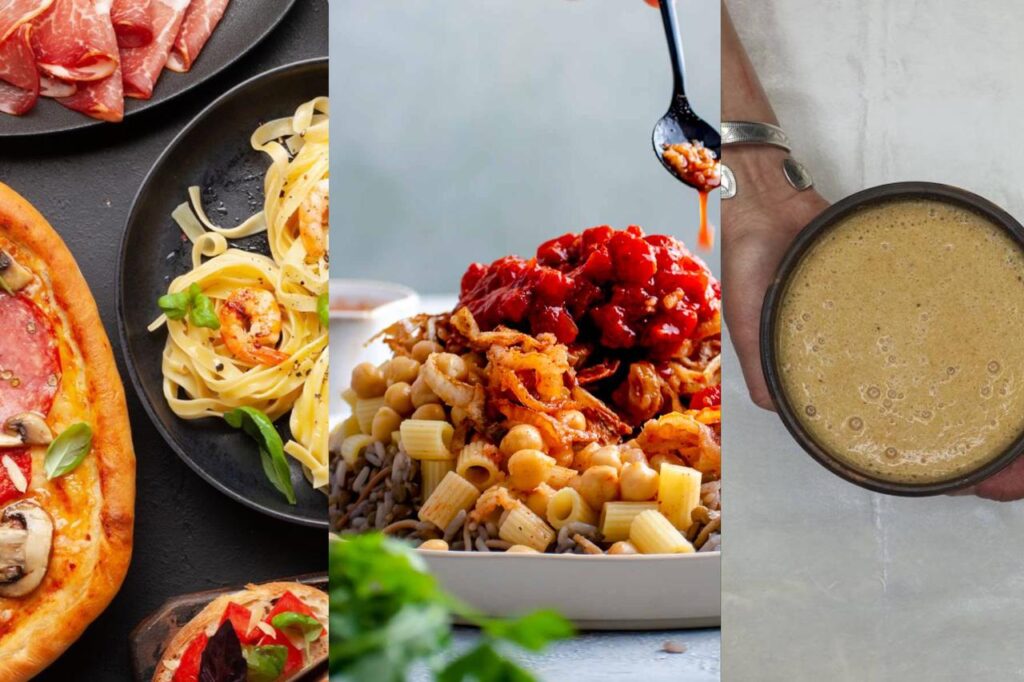 Photo collage showing three newly listed UNESCO Intangible Cultural Heritage elements: Italian cuisine (left), Egypt’s national dish koshari (center), and Kyrgyzstan’s traditional drink maksym (right). (Photo collage by Türkiye Today team)