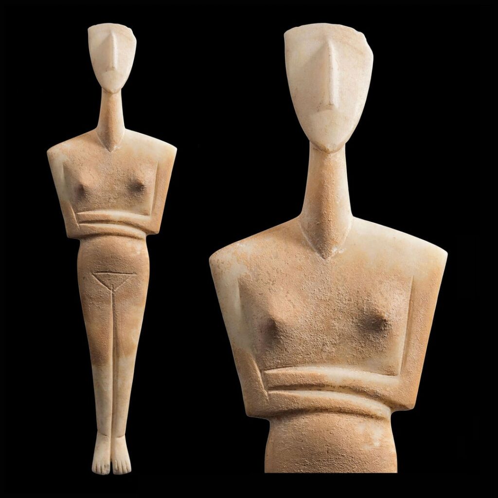 Cycladic marble female figurine, regular type – Dokatsima variation. attributed to the Ashmolean sculptor (by Pat Getz-Gentle). Proto-Cycladic II period, c. 2700 – 2400/2300 BC. Height: 39.1 cm. Museum of Cycladic Art – Goulandris Foundation, Athens, Greece (3000x3000) (1900x1900).