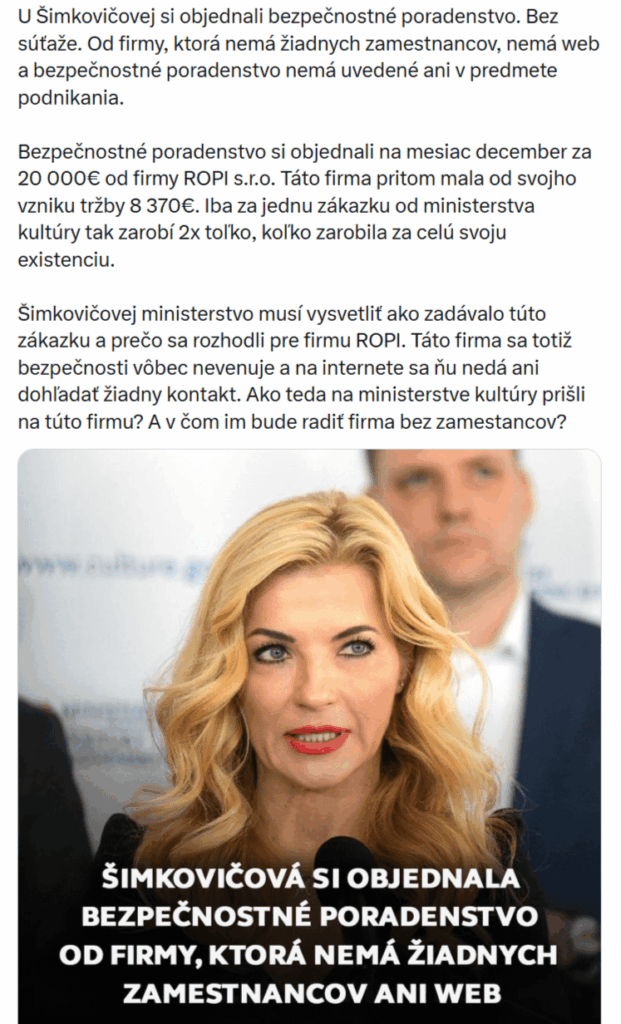 A Christmas present for another parasitic box? They ordered "security consulting" from Šimkovičová. No contest. From a company that has no employees, website or contact. At the same time, this company had only €8,370 in sales since its inception.