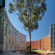 The facade has a multicoloured look