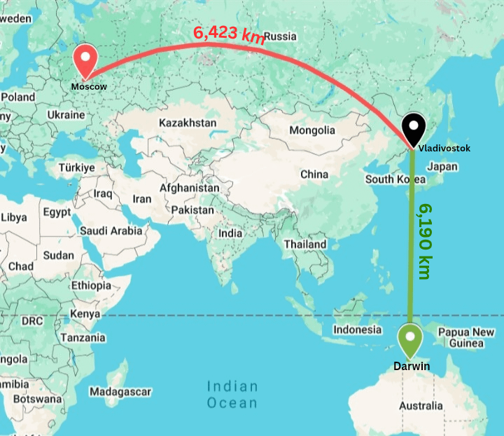 Vladivostok is closer to Darwin than to Moscow