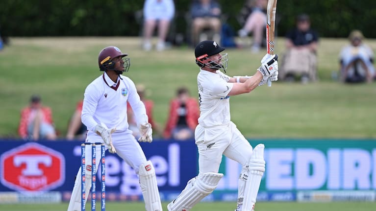 Kane Williamson hits out against the West Indies at Bay Oval.