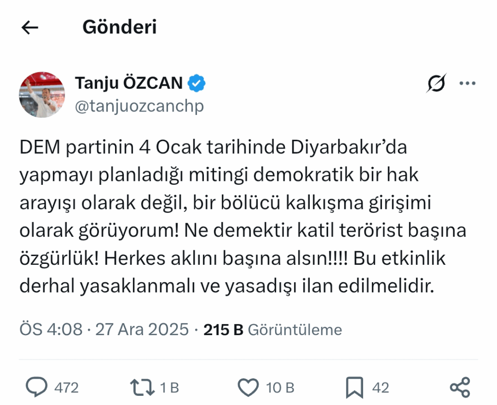 Tanju Özcan reacted to the Dem Party's Diyarbakır rally on January 4