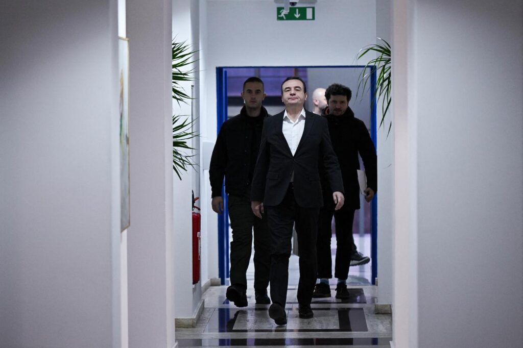 Kosovos acting Prime Minister and leader of the Vetevendosje (LVV) party, Albin Kurti (C), arrives an interview with AFP in Pristina, Kosovo on Dec. 24, 2025. (AFP Photo)