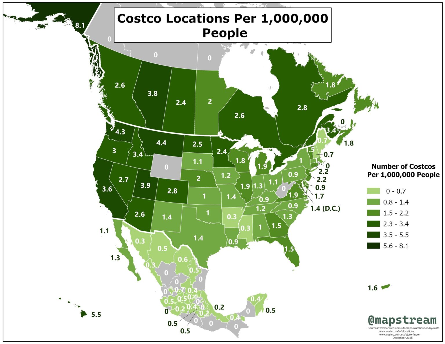 [OC] Costco Locations Per 1,000,000 people in North America