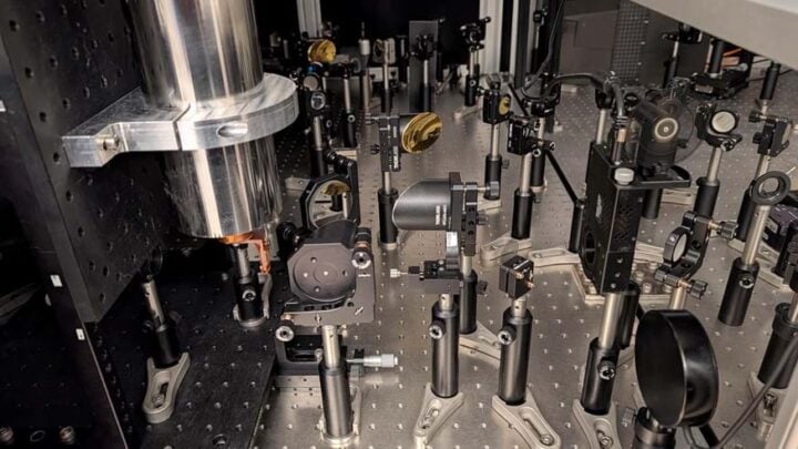 An experimental setup showing mirrors to guide and focus ultrashort light pulses onto the magnet. Image credit: Lancaster University