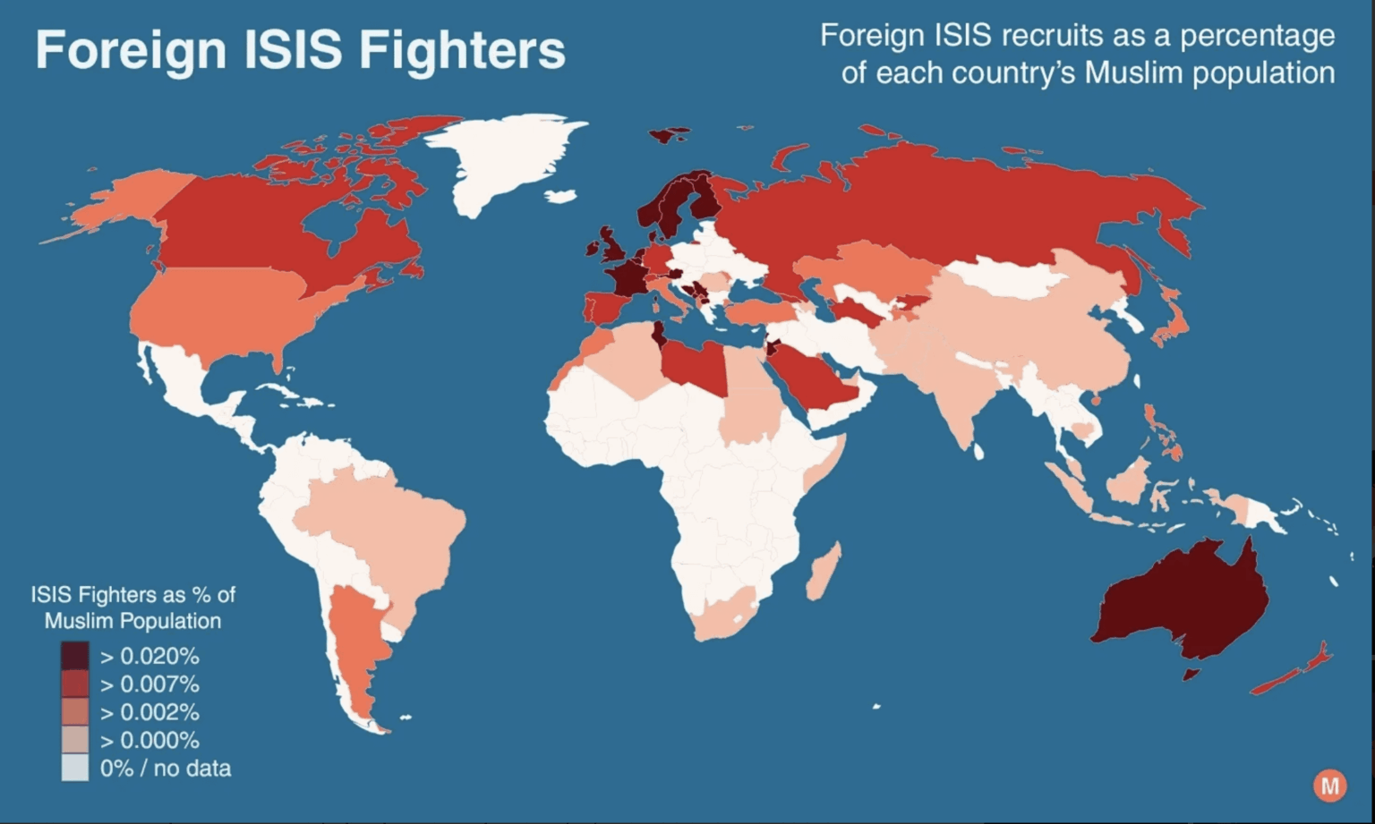 Foreign volunteers that fought for ISIS by country (proportion of country's Muslim population