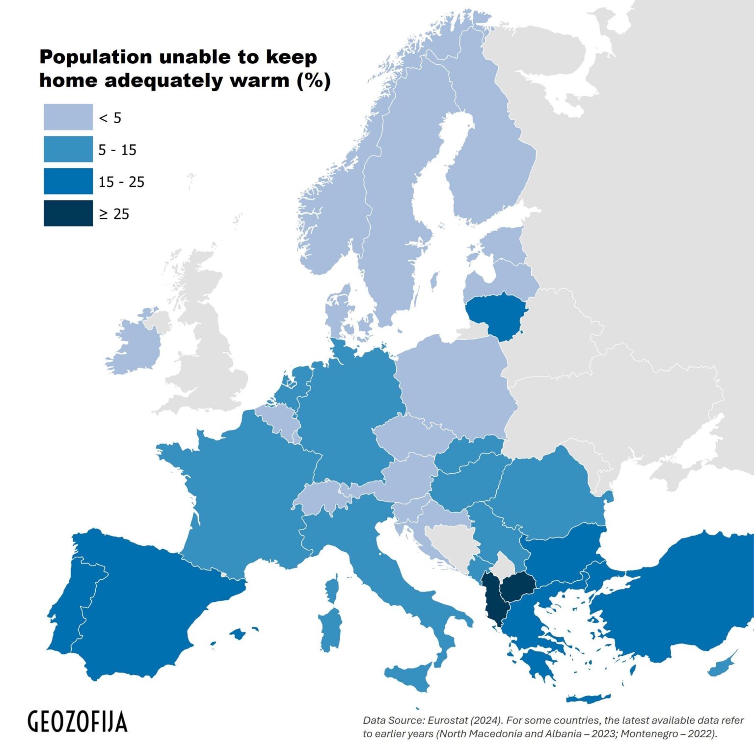 In North Macedonia, 30.7% of the population, representing 560,658 inhabitants, were not able to adequately heat their homes