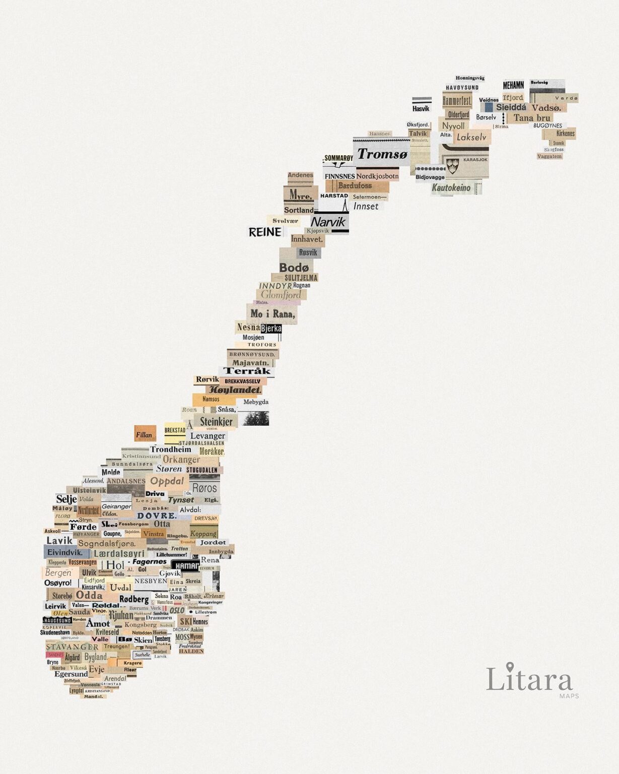 [OC] I created a map of Norway manually assembled from vintage clippings