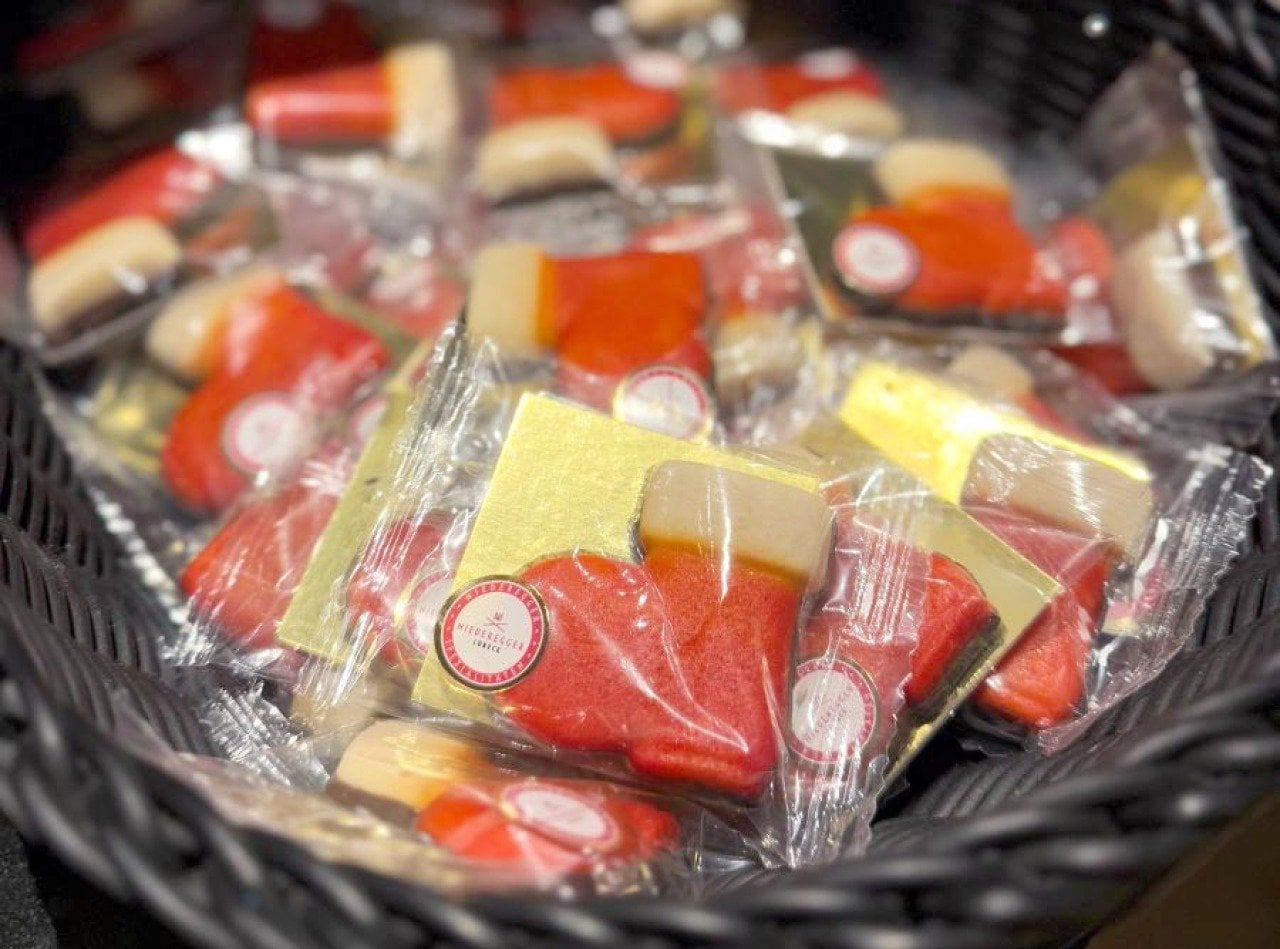 Niederegger Marzipan from Lübeck on display in a basket.