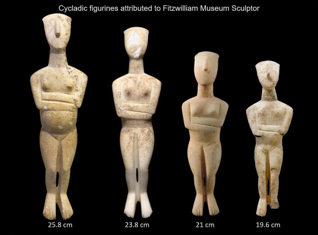 4 Cycladic marble female figurines, normal type - Spedou variant. attributed to the Fitzwilliam Museum sculptor (by Pat Getz-Gentle). Proto-Cycladic II period, 2700 – 2300 BC. (1500x1110)