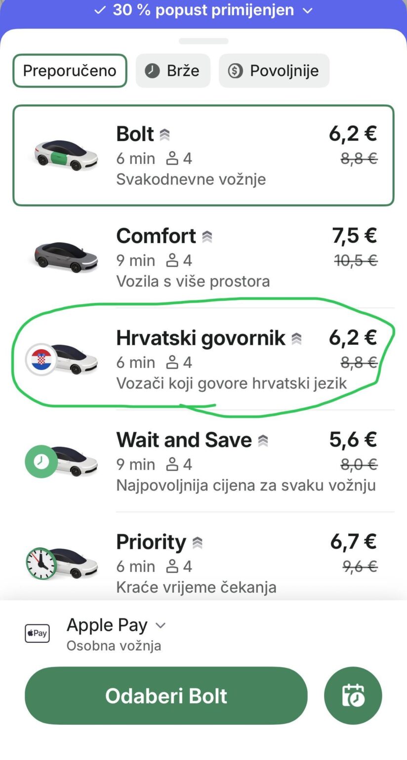 Bolt has a Croatian speaker option