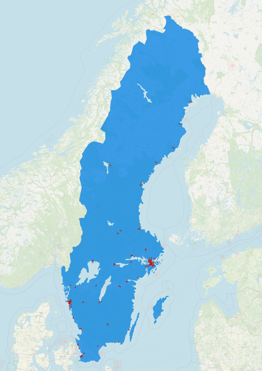 SWEDEN: More people live in the red areas than in the blue areas. Sweden has a population of 10,59 million people (2024). The population of the red areas is 5,31 million (2024). SWEDEN: More people live in the red areas than in the blue areas. Sweden has a population of 10,59 million people (2024). The population of the red areas is 5,31 million (2024).