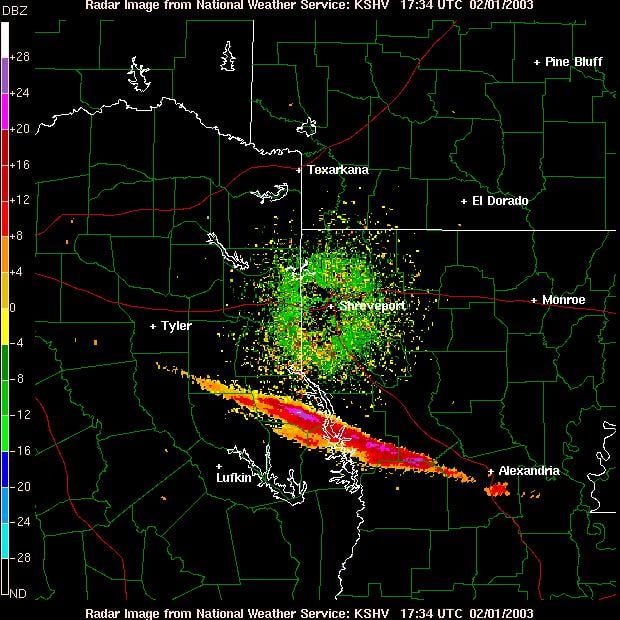 Doppler Radar showing the breakup of Space Shuttle Columbia