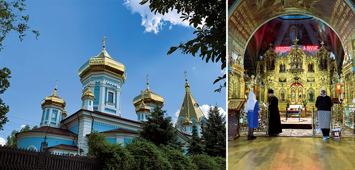 Chiuplea Monastery, representing the (left) Moldovan Orthodox Church (right) Chiuplea Monastery's inner chapel