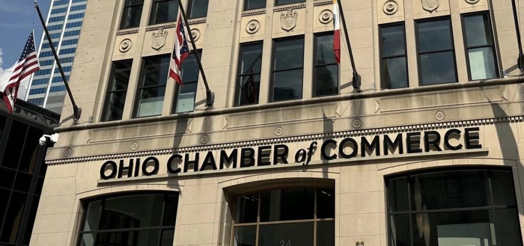 The front facade of the Ohio Chamber of Commerce building in downtown Columbus