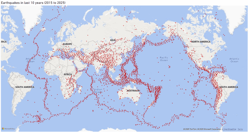 All measured earthquakes from 2015 to 2025, visualized using PowerBI.