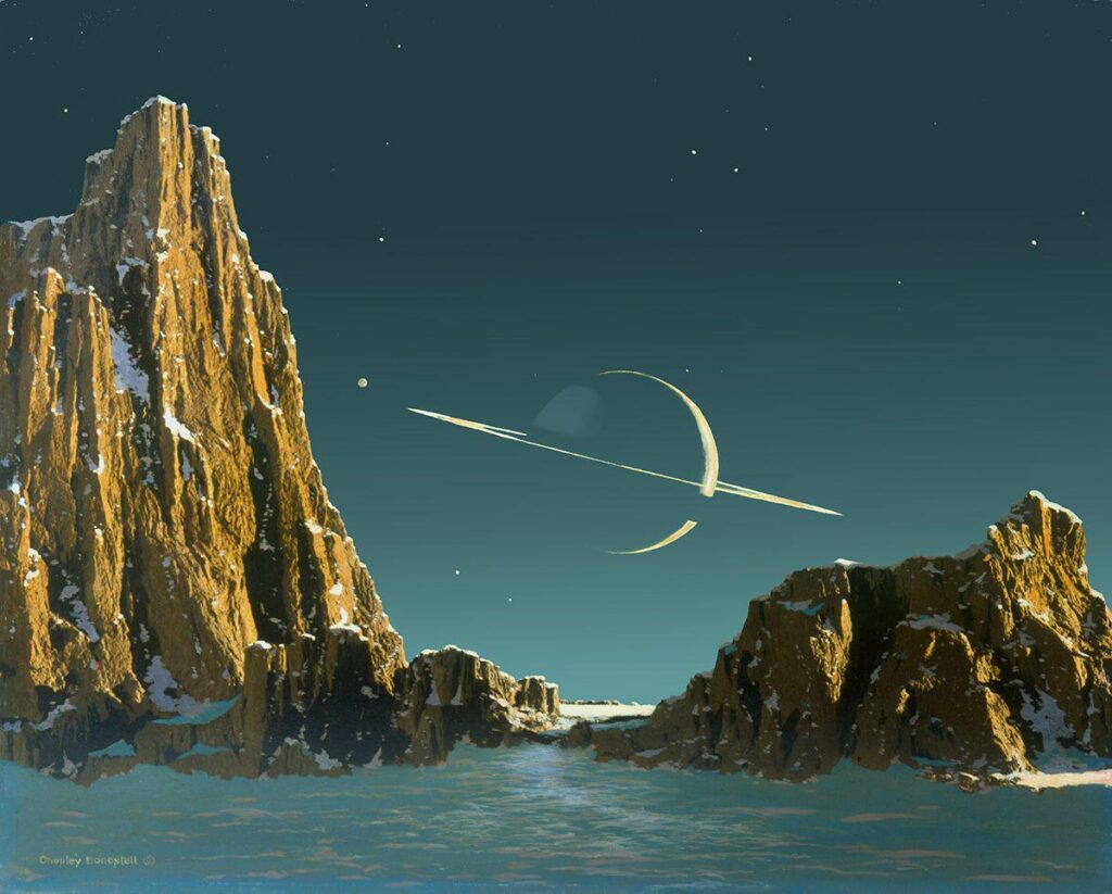 Saturn as seen from Titan, 1944 painting by Chesley Bonestell