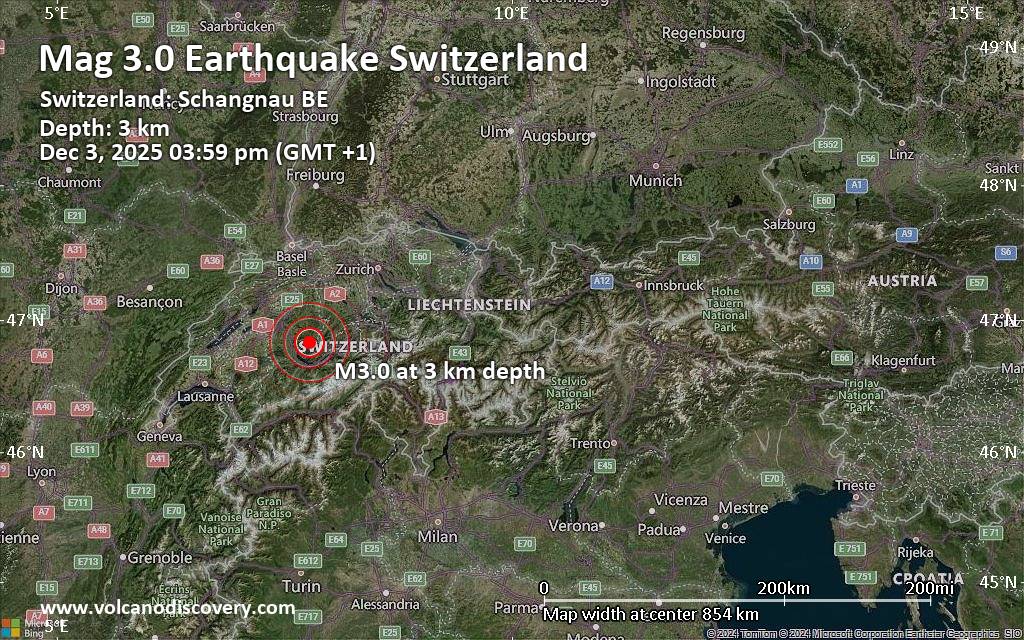 Small Magnitude 3.0 Earthquake 29 km Southeast of Bern, Switzerland